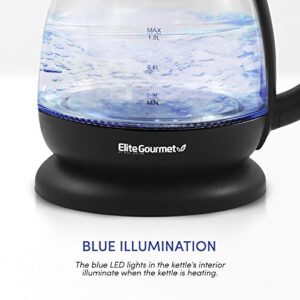 Elite Gourmet EKT1001B Electric BPA-Free Glass Kettle, Cordless 360° Base, Stylish Blue LED Interior, Handy Auto Shut-Off Function – Quickly Boil Water for Tea & More, 1L, Graphite Black