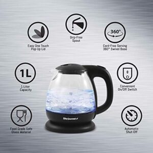 Elite Gourmet EKT1001B Electric BPA-Free Glass Kettle, Cordless 360° Base, Stylish Blue LED Interior, Handy Auto Shut-Off Function – Quickly Boil Water for Tea & More, 1L, Graphite Black