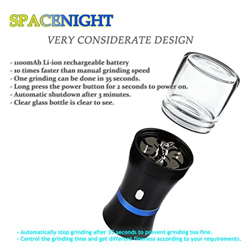 Spacenight Electric Herb Grinder COMPACT for Flower Buds, USB-Rechargeable, 2pcs 1.7oz Glass Herb Chamber - Ideal for Everyday Carry