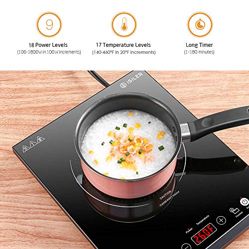 Portable Induction Cooktop, iSiLER 1800W Sensor Touch Electric Induction Cooker Cooktop with Kids Safety Lock, 18 Power 17 Temperature Setting Countertop Burner with Timer