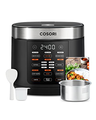 COSORI Rice Cooker 10 Cup Uncooked Rice Maker with 18 Cooking Functions, Advanced Fuzzy Logic Micom Technology, Texture Optional, 50 Recipes, Keep Warm, Delay Timer, Stainless Steel Steamer