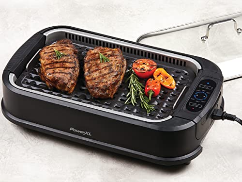 Power XL Smokeless Electric Indoor Removable Grill and Griddle Plates, Nonstick Cooking Surfaces, Glass Lid, 1500 Watt, 21X 15.4X 8.1, black