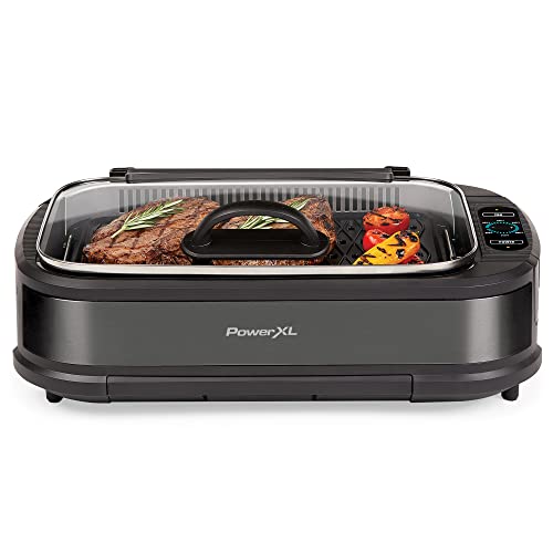 Power XL Smokeless Electric Indoor Removable Grill and Griddle Plates, Nonstick Cooking Surfaces, Glass Lid, 1500 Watt, 21X 15.4X 8.1, black