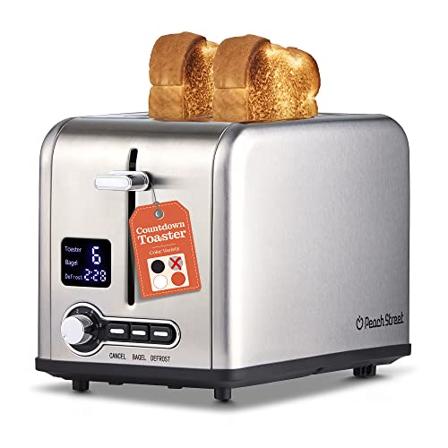 Peach Street 2 Slice Toaster Compact Bread Toaster with Digital Countdown, Wide Slots, Auto-Pop Stainless Steel, 6 Browning Levels, Removable Crumb Tray, with Defrost, Bagel, and Cancel Function