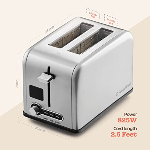 Peach Street 2 Slice Toaster Compact Bread Toaster with Digital Countdown, Wide Slots, Auto-Pop Stainless Steel, 6 Browning Levels, Removable Crumb Tray, with Defrost, Bagel, and Cancel Function