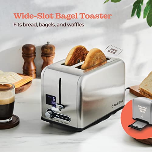 Peach Street 2 Slice Toaster Compact Bread Toaster with Digital Countdown, Wide Slots, Auto-Pop Stainless Steel, 6 Browning Levels, Removable Crumb Tray, with Defrost, Bagel, and Cancel Function