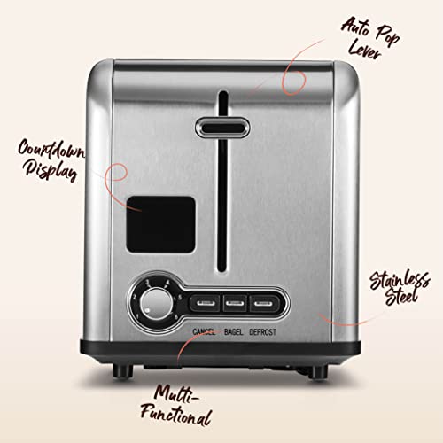 Peach Street 2 Slice Toaster Compact Bread Toaster with Digital Countdown, Wide Slots, Auto-Pop Stainless Steel, 6 Browning Levels, Removable Crumb Tray, with Defrost, Bagel, and Cancel Function