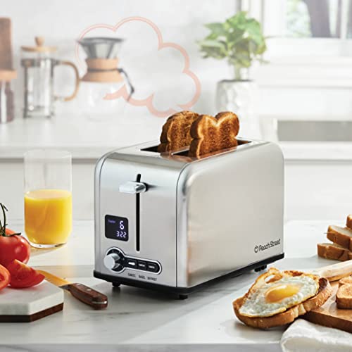 Peach Street 2 Slice Toaster Compact Bread Toaster with Digital Countdown, Wide Slots, Auto-Pop Stainless Steel, 6 Browning Levels, Removable Crumb Tray, with Defrost, Bagel, and Cancel Function