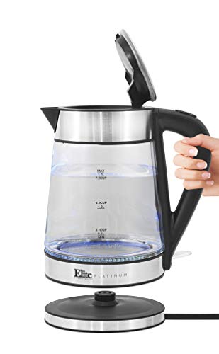 Elite Gourmet EKT-602 Electric 1.7L BPA Free Glass Kettle Cordless 360° Base, Stylish Blue LED Interior, Handy Auto Shut-Off Function – Quickly Boil Water For Tea & More, Stainless Steel