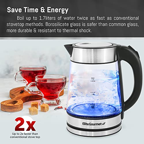 Elite Gourmet EKT-602 Electric 1.7L BPA Free Glass Kettle Cordless 360° Base, Stylish Blue LED Interior, Handy Auto Shut-Off Function – Quickly Boil Water For Tea & More, Stainless Steel