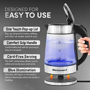 Elite Gourmet EKT-602 Electric 1.7L BPA Free Glass Kettle Cordless 360° Base, Stylish Blue LED Interior, Handy Auto Shut-Off Function – Quickly Boil Water For Tea & More, Stainless Steel