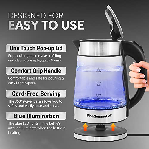 Elite Gourmet EKT-602 Electric 1.7L BPA Free Glass Kettle Cordless 360° Base, Stylish Blue LED Interior, Handy Auto Shut-Off Function – Quickly Boil Water For Tea & More, Stainless Steel