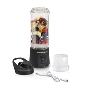 hamilton beach mini cordless portable personal blender for shakes and smoothies, usb rechargeable, 16 oz. jar with leakproof travel lid, 6 stainless steel blades, black (51180)