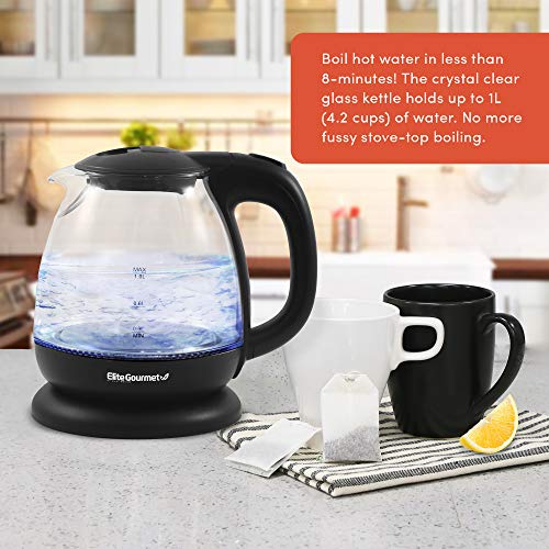Elite Gourmet EKT1001 Maxi-Matic 1L Glass Electric Tea Kettle Hot Water Heater Boiler BPA-Free with Blue LED Interior Fast Boil and Auto Shut-Off, Black
