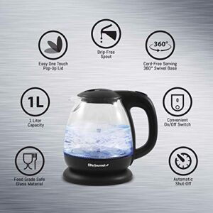 Elite Gourmet EKT1001 Maxi-Matic 1L Glass Electric Tea Kettle Hot Water Heater Boiler BPA-Free with Blue LED Interior Fast Boil and Auto Shut-Off, Black
