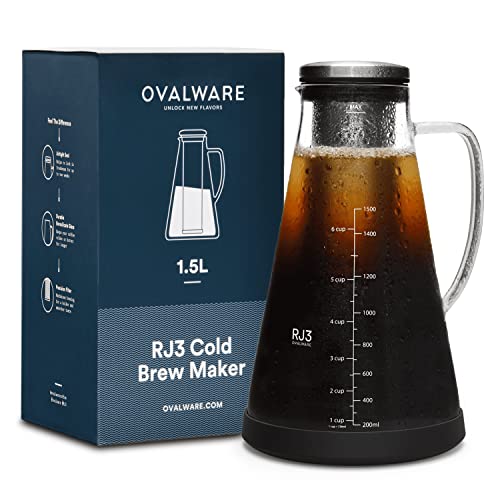 Airtight Cold Brew Iced Coffee Maker (& Iced Tea Maker) with Spout – 1.5L/ 51oz Ovalware RJ3 Brewing Glass Carafe with Removable Stainless Steel Filter