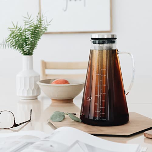 Airtight Cold Brew Iced Coffee Maker (& Iced Tea Maker) with Spout – 1.5L/ 51oz Ovalware RJ3 Brewing Glass Carafe with Removable Stainless Steel Filter