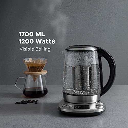Mecity Tea Kettle Electric Tea Pot with Removable Infuser, 9 Preset Brewing Programs Tea Maker with Temprature Control, 2 Hours keep Warm, 1.7 Liter Electric Kettles, 1200W, Glass and Stainless Steel
