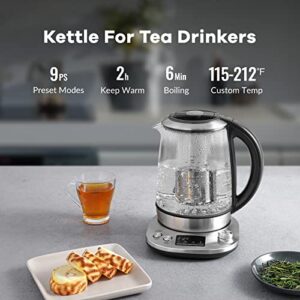Mecity Tea Kettle Electric Tea Pot with Removable Infuser, 9 Preset Brewing Programs Tea Maker with Temprature Control, 2 Hours keep Warm, 1.7 Liter Electric Kettles, 1200W, Glass and Stainless Steel