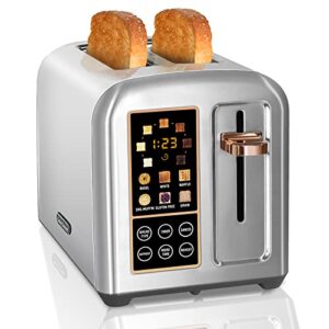 seedeem toaster 2 slice, stainless steel bread toaster with lcd display and touch buttons, 50% faster heating speed, 6 bread selection, 7 shade settings, 1.5”wide slots toaster with cancel/defrost/reheat functions, removable crumb tray, 1350w, silver met