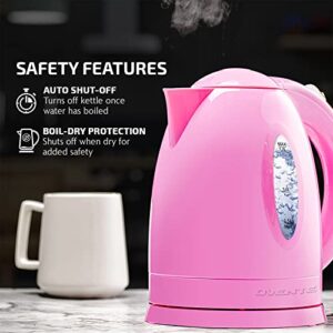 Ovente Electric Kettle 1.7 Liter Cordless Hot Water Boiler, 1100W with Automatic Shut-Off and Boil Dry Protection, Fast Boiling BPA-Free Portable Instant Heater for Making Tea, Coffee, Pink KP72P