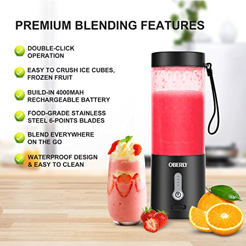 Blend Portable Blender Jet for Shakes and Smoothies, OBERLY Personal Travel Blender for Protein with 4000mAh USB Rechargeable Battery, Crush Ice, Frozen Fruit and Drinks, 18 oz Mini Travel Cup