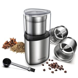 shardor coffee grinder electric, herb grinder, spice grinder electric, wet grinder for spices and seeds with 2 removable stainless steel bowls, silver