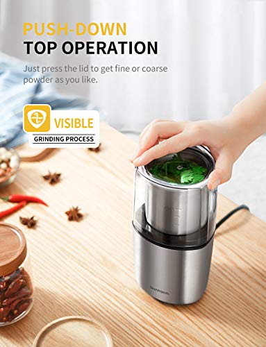 SHARDOR Coffee Grinder Electric, Herb Grinder, Spice Grinder Electric, Wet Grinder for Spices and Seeds with 2 Removable Stainless Steel Bowls, Silver