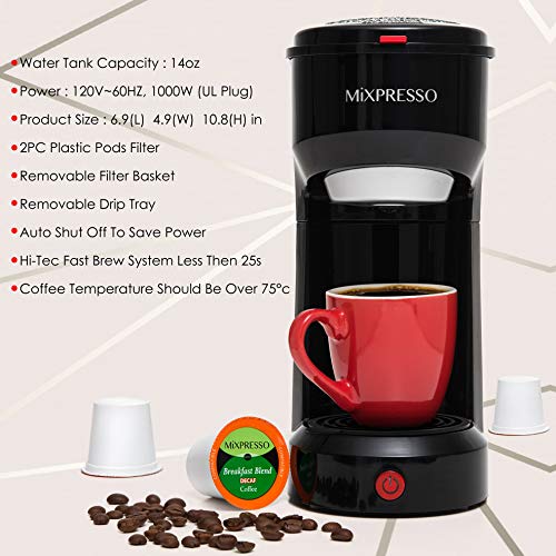 Mixpresso 2 in 1 Coffee Brewer, Single Serve Coffee Maker K Cup Compatible & Ground Coffee, Personal Coffee Maker,Compact Size Mini Coffee Maker, Quick Brew Technology (14 oz) (black)