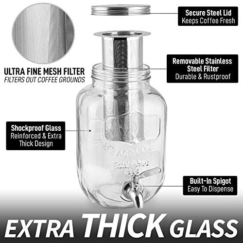 Zulay Kitchen 1 Gallon Cold Brew Coffee Maker with EXTRA-THICK Glass Carafe & Stainless Steel Mesh Filter - Premium Iced Coffee Maker, Cold Brew Pitcher & Tea Infuser