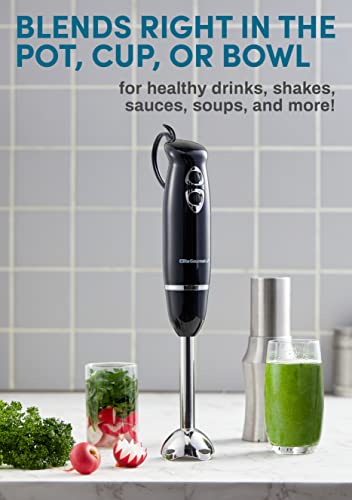 Elite Gourmet EHB1015 Immersion Hand Blender 500 Watts 2 Speed Mixing with Stainless Steel Blades, Detachable Wand Stick Mixer, Smoothies, Baby Food, Soup, Black