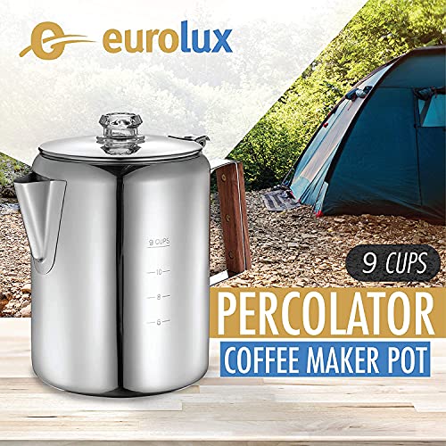 Eurolux Percolator Coffee Maker Pot - 9 Cups | Durable Stainless Steel Material | Brew Coffee On Fire, Grill or Stovetop | No Electricity, No Bad Plastic Taste | Ideal for Home, Camping & Travel