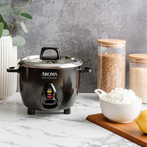 Aroma Housewares Select Stainless Rice Cooker & Warmer with Uncoated Inner Pot, 3-Cup(uncooked)/6-Cup(cooked)/ 1.2Qt, ARC-753SGB, Black