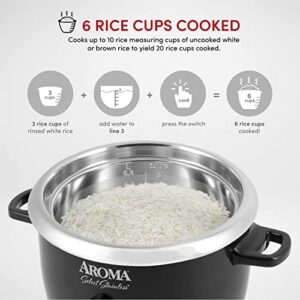 Aroma Housewares Select Stainless Rice Cooker & Warmer with Uncoated Inner Pot, 3-Cup(uncooked)/6-Cup(cooked)/ 1.2Qt, ARC-753SGB, Black