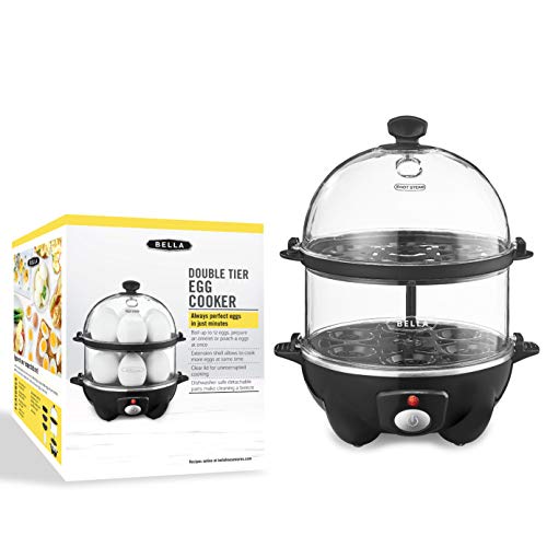 BELLA Double Tier Egg Cooker, Boiler, Rapid Maker & Poacher, Meal Prep for Week, Family Sized Meals: Up To 12 Large Boiled Eggs, Dishwasher Safe, Poaching and Omelet Trays Included, One, Black