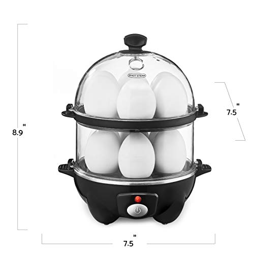 BELLA Double Tier Egg Cooker, Boiler, Rapid Maker & Poacher, Meal Prep for Week, Family Sized Meals: Up To 12 Large Boiled Eggs, Dishwasher Safe, Poaching and Omelet Trays Included, One, Black