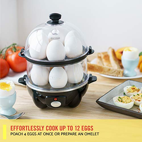 BELLA Double Tier Egg Cooker, Boiler, Rapid Maker & Poacher, Meal Prep for Week, Family Sized Meals: Up To 12 Large Boiled Eggs, Dishwasher Safe, Poaching and Omelet Trays Included, One, Black