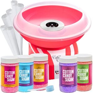 the candery cotton candy machine and floss bundle- bright, colorful style- sugar free candy, sugar floss, for birthday parties – includes 5 floss sugar flavors 12oz jars and 50 paper cones & scooper