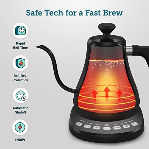 COSORI Electric Gooseneck Kettle Smart Bluetooth with Variable Temperature Control, Pour Over Coffee Kettle & Tea Kettle, 100% Stainless Steel Inner Lid & Bottom, Quick Heating, Matte Black