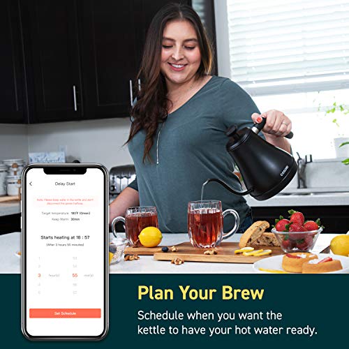 COSORI Electric Gooseneck Kettle Smart Bluetooth with Variable Temperature Control, Pour Over Coffee Kettle & Tea Kettle, 100% Stainless Steel Inner Lid & Bottom, Quick Heating, Matte Black