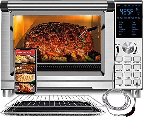 Nuwave Bravo XL Air Fryer Toaster Smart Oven, 12-in-1 Countertop Grill/Griddle Combo, 30-Qt XL Capacity, 50F-500F adjustable in precise 5F increments. Integrated Smart Thermometer, Linear T Technology