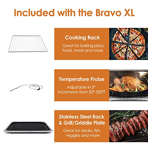 Nuwave Bravo XL Air Fryer Toaster Smart Oven, 12-in-1 Countertop Grill/Griddle Combo, 30-Qt XL Capacity, 50F-500F adjustable in precise 5F increments. Integrated Smart Thermometer, Linear T Technology