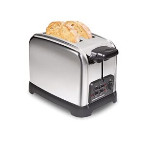 hamilton beach retro toaster with wide slots, sure-toast technology, bagel & defrost settings, auto boost to lift smaller breads, 2 slice, polished stainless steel (22782)