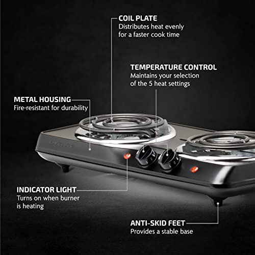 Ovente Electric Double Coil Burner 6 & 5.75 Inch Hot Plate Cooktop with Temperature Control and Easy to Clean Stainless Steel Base, 1700W Portable Countertop Stove for Home or Dorm, Black BGC102B