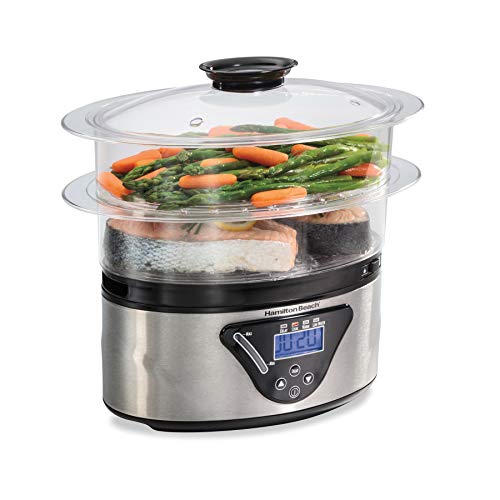 Hamilton Beach Digital Electric Food Steamer & Rice Cooker for Quick, Healthy Cooking for Vegetables and Seafood, Stackable Two-Tier Bowls, 5.5 Quart, Black & Stainless Steel