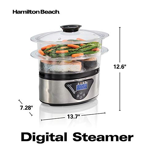 Hamilton Beach Digital Electric Food Steamer & Rice Cooker for Quick, Healthy Cooking for Vegetables and Seafood, Stackable Two-Tier Bowls, 5.5 Quart, Black & Stainless Steel