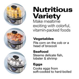 Hamilton Beach Digital Electric Food Steamer & Rice Cooker for Quick, Healthy Cooking for Vegetables and Seafood, Stackable Two-Tier Bowls, 5.5 Quart, Black & Stainless Steel