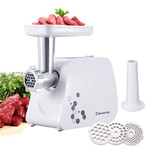 sunmile electric meat grinder and sausage maker – 1hp 1000w max – stainless steel cutting blade and 3 grinding plates,1 big sausage staff maker (white)