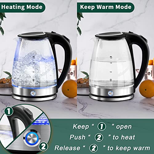 Pukomc Electric Kettle with Keep Warm - 1.7L Glass Water Boiler with Wide Opening, Led Indicator, Auto Shut-Off and Boil-Dry Protection - Series 9480
