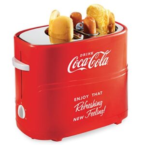 nostalgia coca-cola 2 slot bun mini tongs, hot dog toaster works with chicken, turkey, veggie links, sausages and brats, retro red